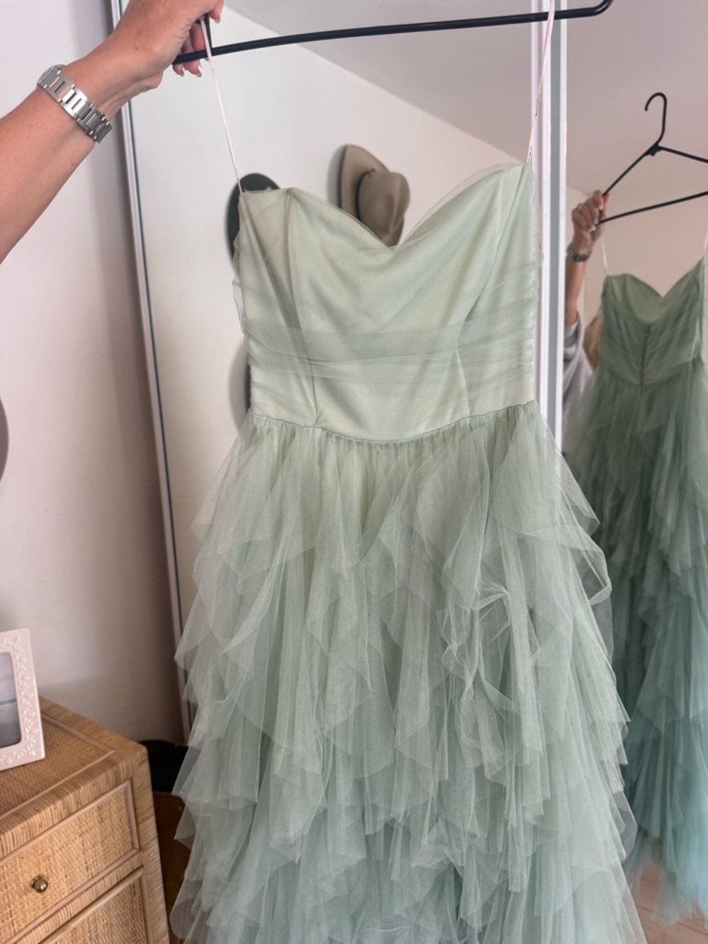 Sage Green Layered Tulle Strapless Dress